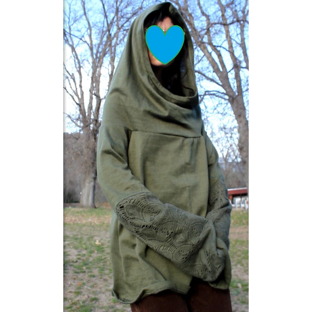 Mishu- Green Elven Festival Cowl Neck Hoodie- 100% Wool